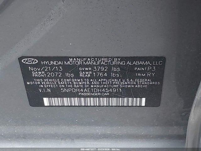 2013 Hyundai Elantra Limited მანქანა იყიდება აუქციონზე, vin: 5NPDH4AE1DH454911, აუქციონის ნომერი: 44673377