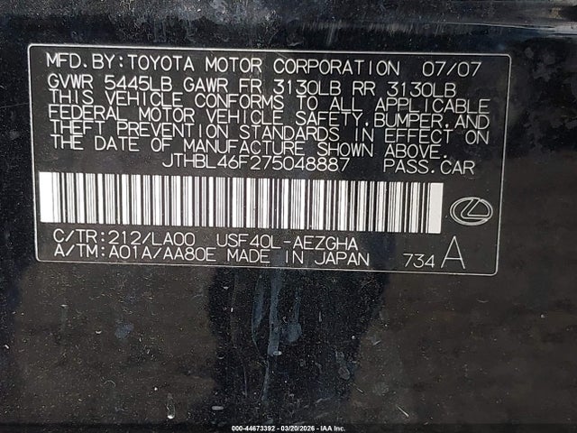 Продаж на аукціоні авто 2007 Lexus Ls 460, vin: JTHBL46F275048887, номер лоту: 44673392
