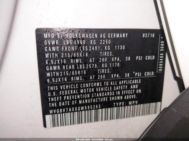 Продаж на аукціоні авто 2016 Volkswagen Tiguan S, vin: WVGBV7AXXGW595263, номер лоту: 44673402