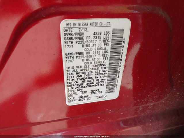 44673406 :رقم المزاد ، JN8AS5MT8DW541756 vin ، 2013 Nissan Rogue Sv مزاد بيع