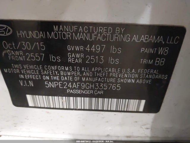 44673412 :رقم المزاد ، 5NPE24AF9GH335765 vin ، 2016 Hyundai Sonata Se مزاد بيع