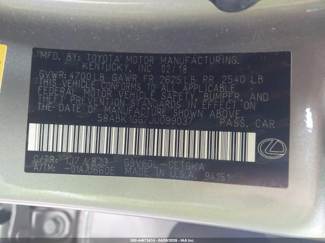 44673414 :رقم المزاد ، 58ABK1GG7JU099037 vin ، 2018 Lexus Es 350 مزاد بيع