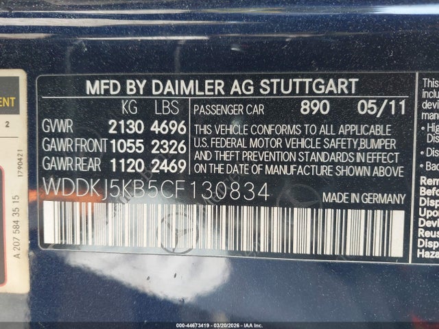 44673419 :رقم المزاد ، WDDKJ5KB5CF130834 vin ، 2012 Mercedes-benz E 350 مزاد بيع