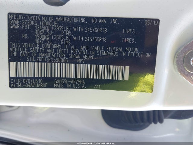 5TDJZRFH7KS598986 Toyota Highlander Xle
