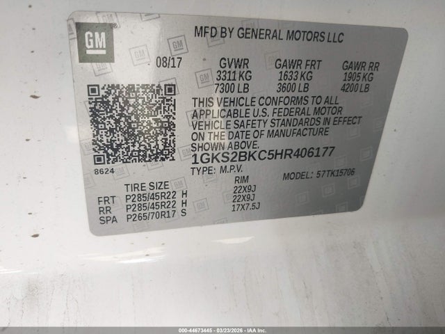 Продаж на аукціоні авто 2017 Gmc Yukon Slt, vin: 1GKS2BKC5HR406177, номер лоту: 44673445