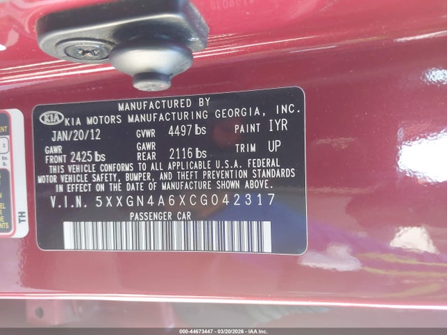 44673447 :رقم المزاد ، 5XXGN4A6XCG042317 vin ، 2012 Kia Optima Ex Turbo مزاد بيع