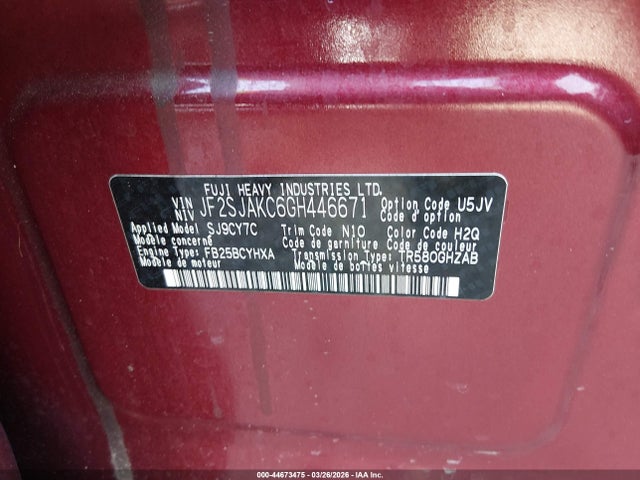 Продажа на аукционе авто 2016 Subaru Forester 2.5i Limited, vin: JF2SJAKC6GH446671, номер лота: 44673475
