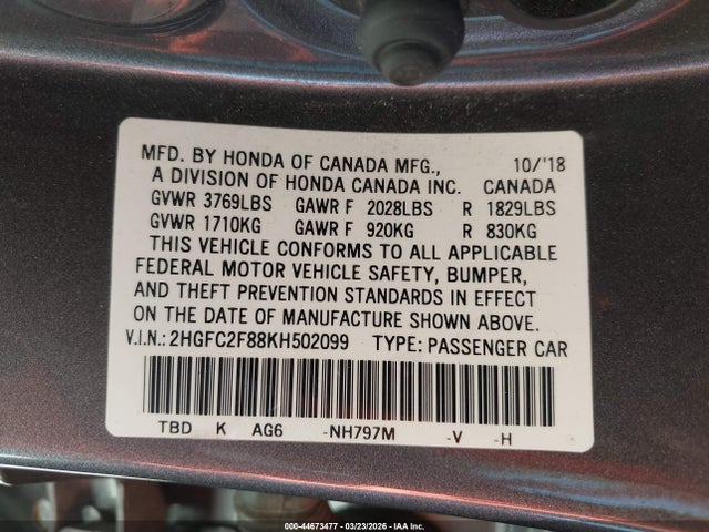 44673477 :رقم المزاد ، 2HGFC2F88KH502099 vin ، 2019 Honda Civic Sport مزاد بيع