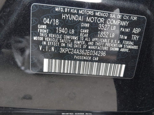 44673523 :رقم المزاد ، 3KPC24A36JE034296 vin ، 2018 Hyundai Accent Se مزاد بيع