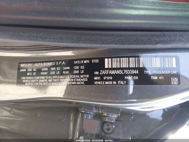 ZARFAMAN5L7633944 Alfa Romeo Giulia Rwd