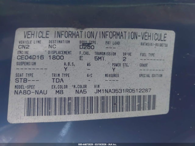 Aukcja sprzedaży 1994 Mazda Mx-5 Miata, vin: JM1NA3531R0512287, numer aukcji: 44673529