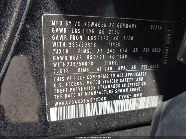 44673534 :رقم المزاد ، WVGAV3AX3EW573008 vin ، 2014 Volkswagen Tiguan Sel مزاد بيع