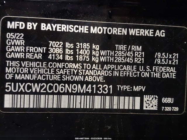 Продаж на аукціоні авто 2022 Bmw X7 Xdrive40i, vin: 5UXCW2C06N9M41331, номер лоту: 44673544