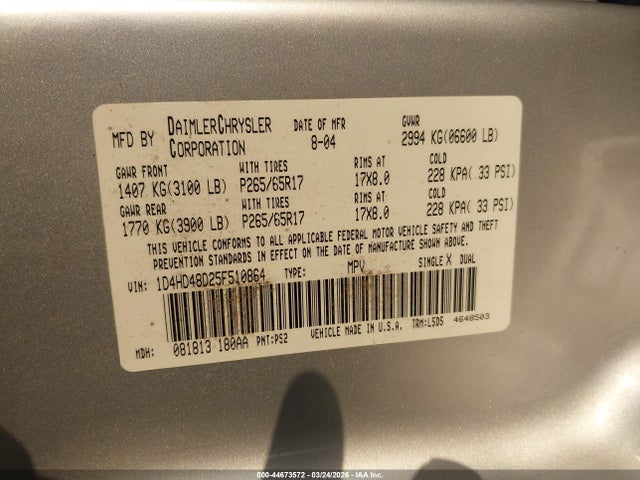 Aukcja sprzedaży 2005 Dodge Durango Slt, vin: 1D4HD48D25F510864, numer aukcji: 44673572