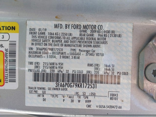 Ford FUSION S 2019 3FA6P0G79KR172531 Image 9