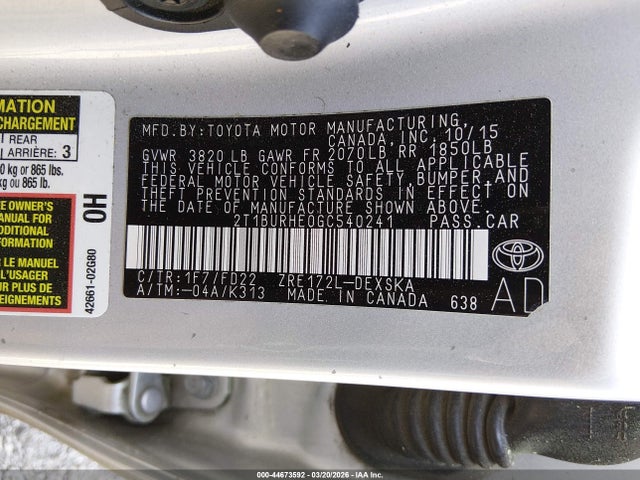 Aukcja sprzedaży 2016 Toyota Corolla S Plus, vin: 2T1BURHE0GC540241, numer aukcji: 44673592