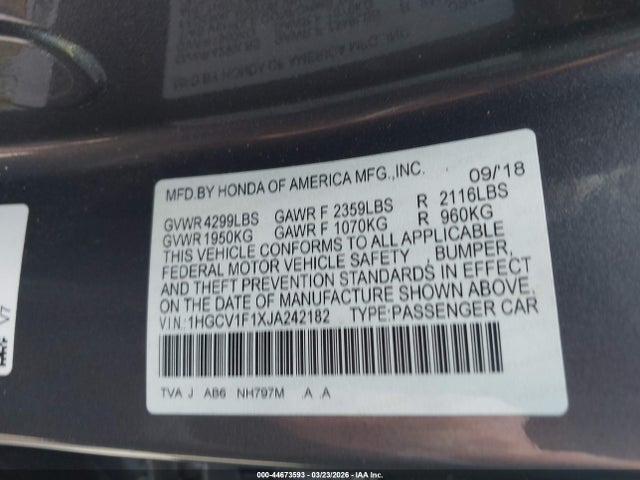 44673593 :رقم المزاد ، 1HGCV1F1XJA242182 vin ، 2018 Honda Accord Lx مزاد بيع