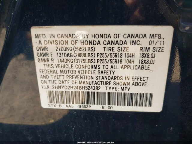 Продаж на аукціоні авто 2011 Acura Mdx, vin: 2HNYD2H24BH524382, номер лоту: 44673595