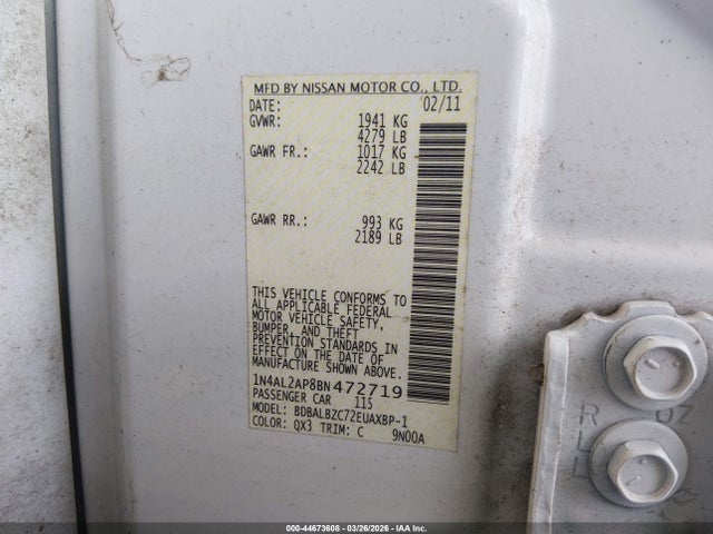 Продаж на аукціоні авто 2011 Nissan Altima 2.5 S, vin: 1N4AL2AP8BN472719, номер лоту: 44673608