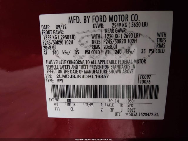 Aukcja sprzedaży 2013 Lincoln Mkx, vin: 2LMDJ8JK4DBL16857, numer aukcji: 44673620
