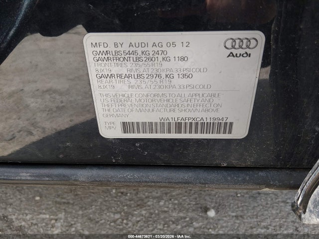 Продаж на аукціоні авто 2012 Audi Q5 2.0t Premium, vin: WA1LFAFPXCA119947, номер лоту: 44673621