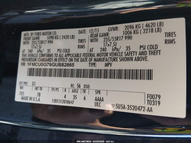 1FMCU0G79GUB82865 Ford ESCAPE SE