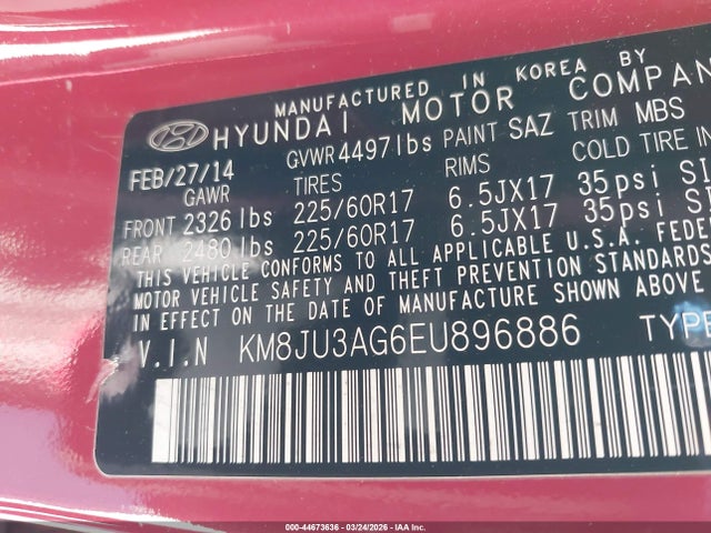 KM8JU3AG6EU896886 Hyundai TUCSON SE
