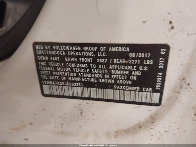 Aukcja sprzedaży 2018 Volkswagen Passat 2.0t Se, vin: 1VWBA7A3XJC003251, numer aukcji: 44673646