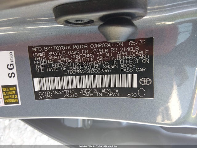 2022 Toyota Corolla Le მანქანა იყიდება აუქციონზე, vin: JTDEPMAE2N3023367, აუქციონის ნომერი: 44673649