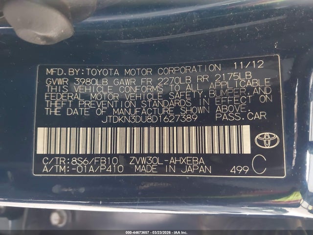 2013 TOYOTA PRIUS JTDKN3DU8D1627389 Photo 8