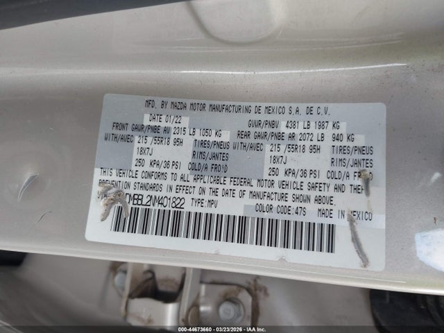 44673660 :رقم المزاد ، 3MVDMBBL2NM401822 vin ، 2022 Mazda Cx-30 Select مزاد بيع