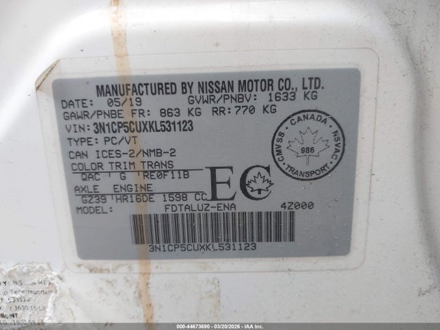 Продаж на аукціоні авто 2019 Nissan Kicks S/sr/sv, vin: 3N1CP5CUXKL531123, номер лоту: 44673690