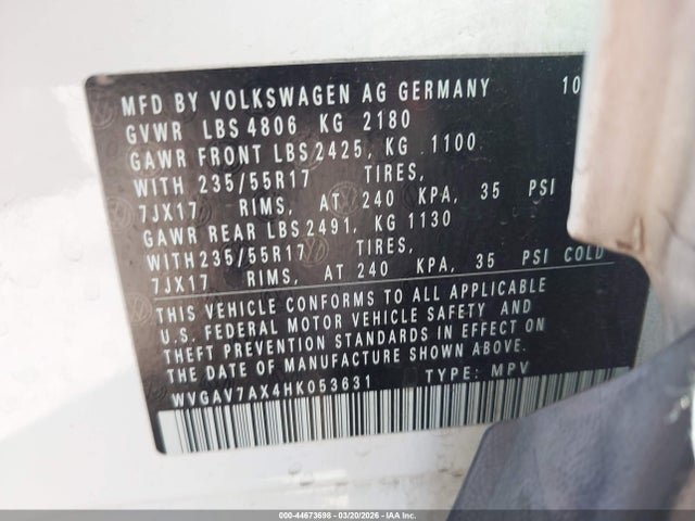 WVGAV7AX4HK053631 Volkswagen Tiguan 2.0t/2.0t S