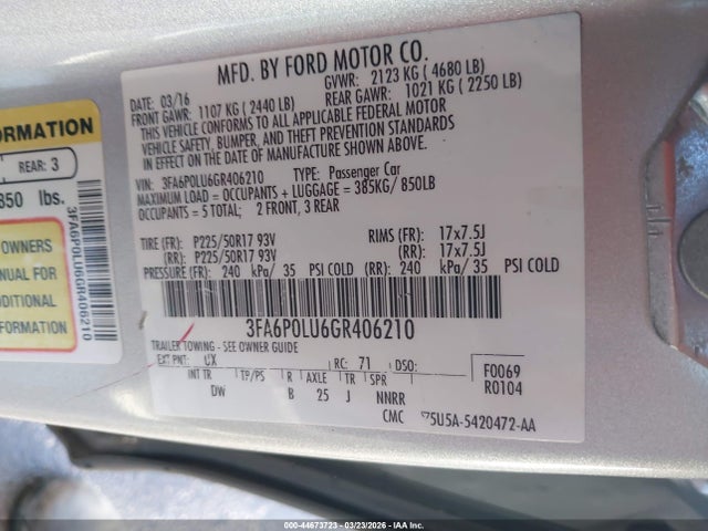 Ford Fusion Hybrid Se 2016 3FA6P0LU6GR406210 Image 9