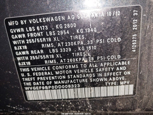 2013 Volkswagen Touareg Vr6 Sport მანქანა იყიდება აუქციონზე, vin: WVGEF9BP0DD008323, აუქციონის ნომერი: 44673728