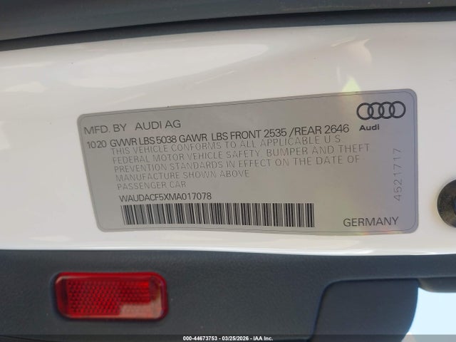 44673753 :رقم المزاد ، WAUDACF5XMA017078 vin ، 2021 Audi A5 Sportback Premium 45 Tfsi Quattro S Tronic مزاد بيع