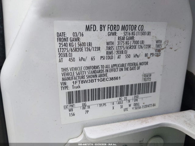 Aukcja sprzedaży 2016 Ford F-350 Lariat, vin: 1FT8W3BT1GEC38561, numer aukcji: 44673774