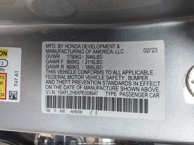 Продажа на аукционе авто 2023 Honda Civic Sport, vin: 19XFL2H8XPE008647, номер лота: 44673777