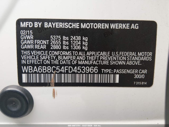 Продаж на аукціоні авто 2015 Bmw 640i Gran Coupe Xdrive, vin: WBA6B8C54FD453966, номер лоту: 44673781