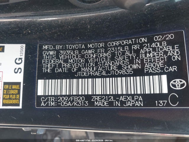 Продажа на аукционе авто 2020 Toyota Corolla Le, vin: JTDEPRAE4LJ109835, номер лота: 44673794