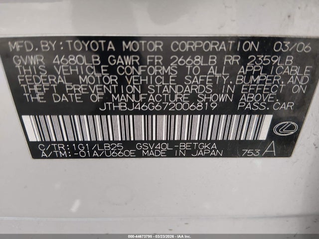 Aukcja sprzedaży 2007 Lexus Es 350, vin: JTHBJ46G672006819, numer aukcji: 44673795