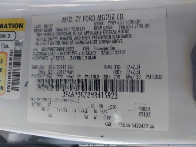 Продажа на аукционе авто 2017 Ford Fusion S, vin: 3FA6P0G73HR415923, номер лота: 44673806