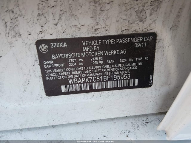 2011 Bmw 328i Xdrive მანქანა იყიდება აუქციონზე, vin: WBAPK7C51BF195953, აუქციონის ნომერი: 44673809