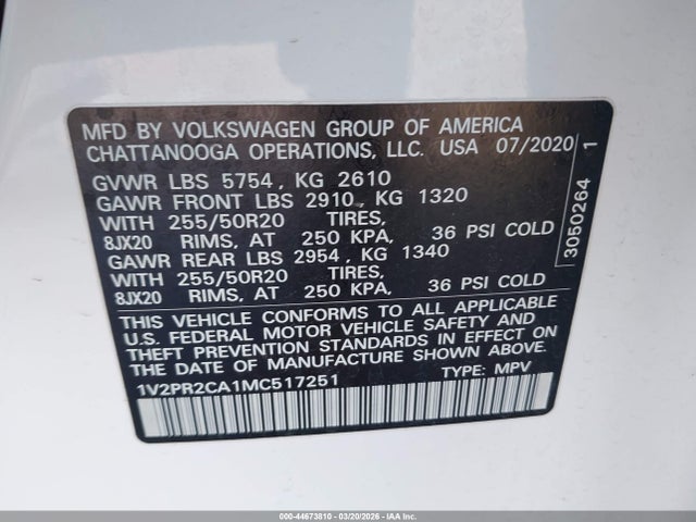 Продаж на аукціоні авто 2021 Volkswagen Atlas 3.6l V6 Se W/technology R-line, vin: 1V2PR2CA1MC517251, номер лоту: 44673810