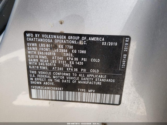Aukcja sprzedaży 2019 Volkswagen Atlas 3.6l V6 Se W/technology, vin: 1V2UR2CA0KC556087, numer aukcji: 44673814