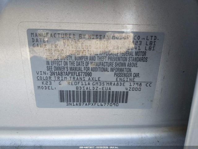 Aukcja sprzedaży 2015 Nissan Sentra Sv, vin: 3N1AB7APXFL677090, numer aukcji: 44673817