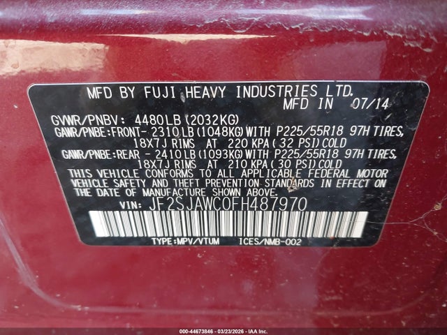 Продаж на аукціоні авто 2015 Subaru Forester, vin: JF2SJAWC0FH487970, номер лоту: 44673846