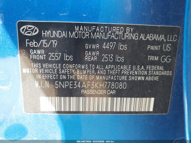 2019 Hyundai Sonata Sel მანქანა იყიდება აუქციონზე, vin: 5NPE34AF3KH778080, აუქციონის ნომერი: 44673854