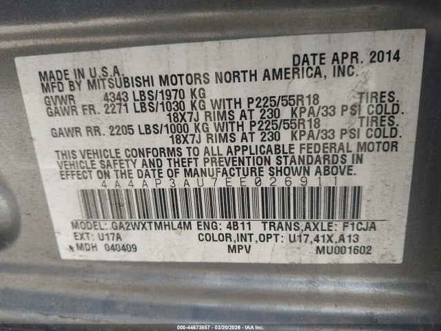 Auction sale of the 2014 Mitsubishi Outlander Sport Es, vin: 4A4AP3AU7EE026911, lot number: 44673857