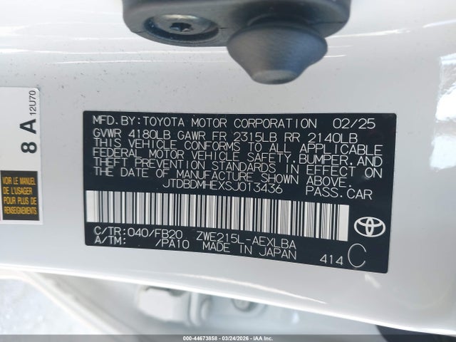 Aukcja sprzedaży 2025 Toyota Corolla Hybrid Le, vin: JTDBDMHEXSJ013436, numer aukcji: 44673858